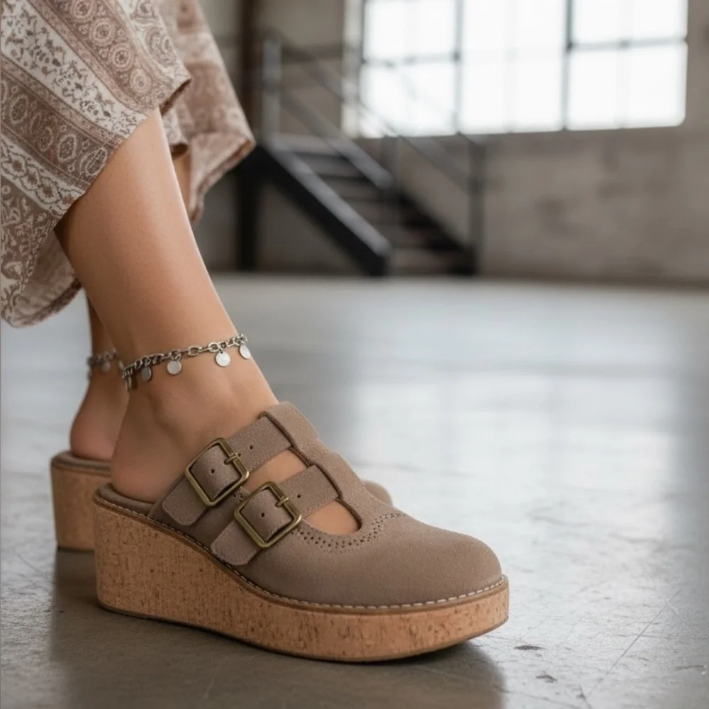 NIB Pierre Dumas Vegan Suede Close Toes Boho Mules Clog Wedge Heel Shoes Taupe - Picture 3 of 10